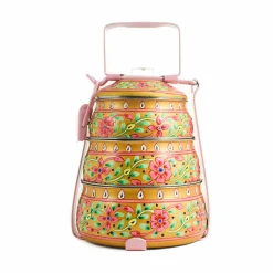Indian Tiffin Hand Painted Three Tier Yellow Tiffin Tin, 1.5 Litre Clearance
