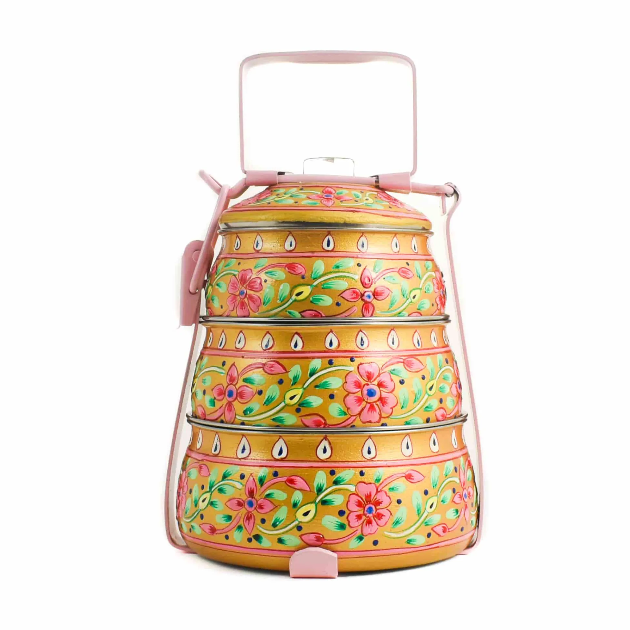 Indian Tiffin Hand Painted Three Tier Yellow Tiffin Tin, 1.5 Litre Clearance