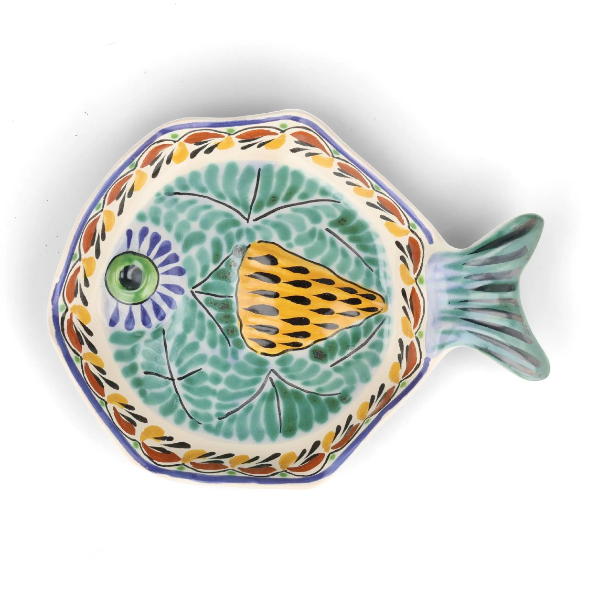 Gorky Pottery Mexican Hand Painted Green & Blue Fish Dish, 25.5cm Discount