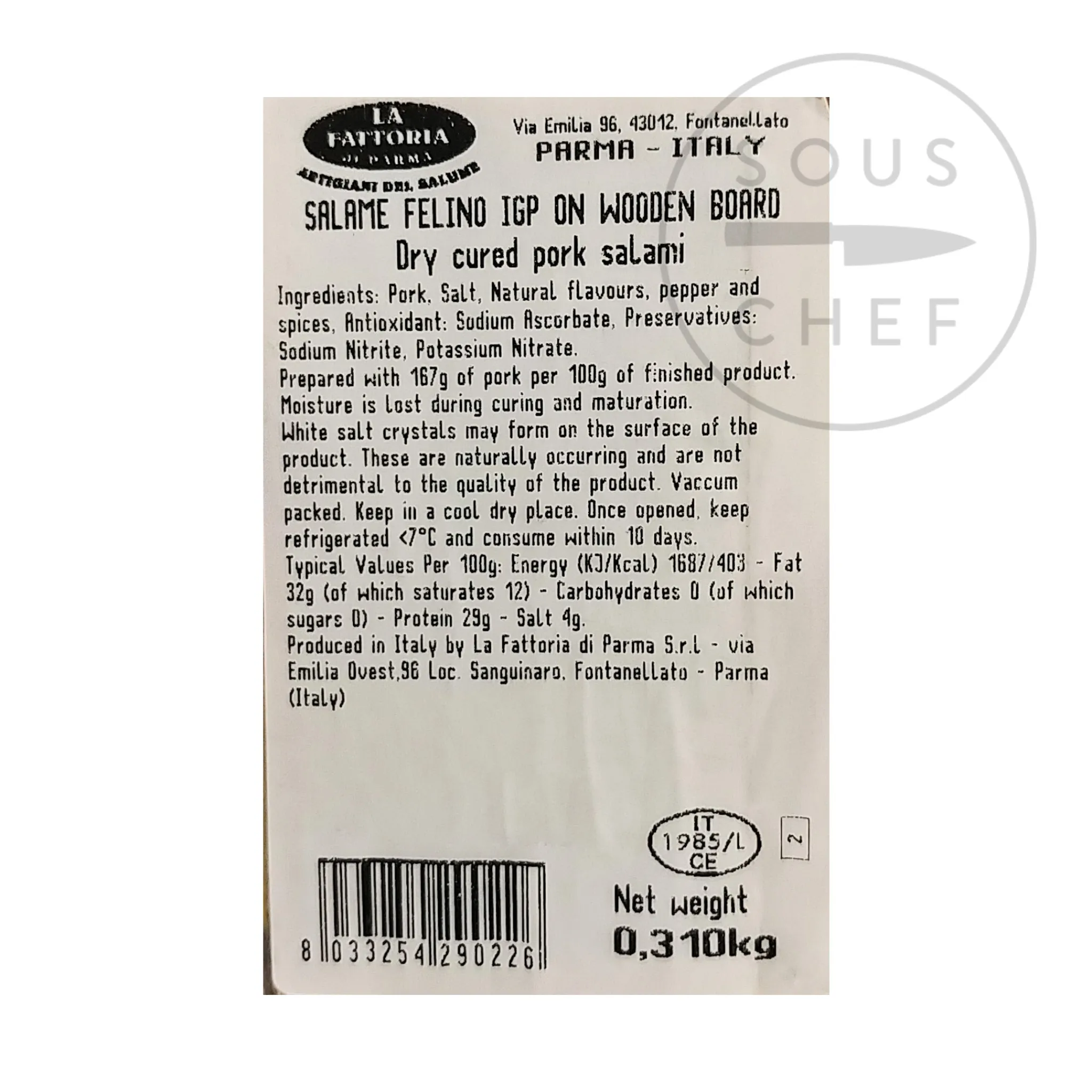 La Fattoria Di Parma Salami Felino IGP Riserva with Wooden Carving Board, 300g Clearance