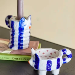 Bloomingville Set of 2 Blue Striped Cat Candle Holders Clearance