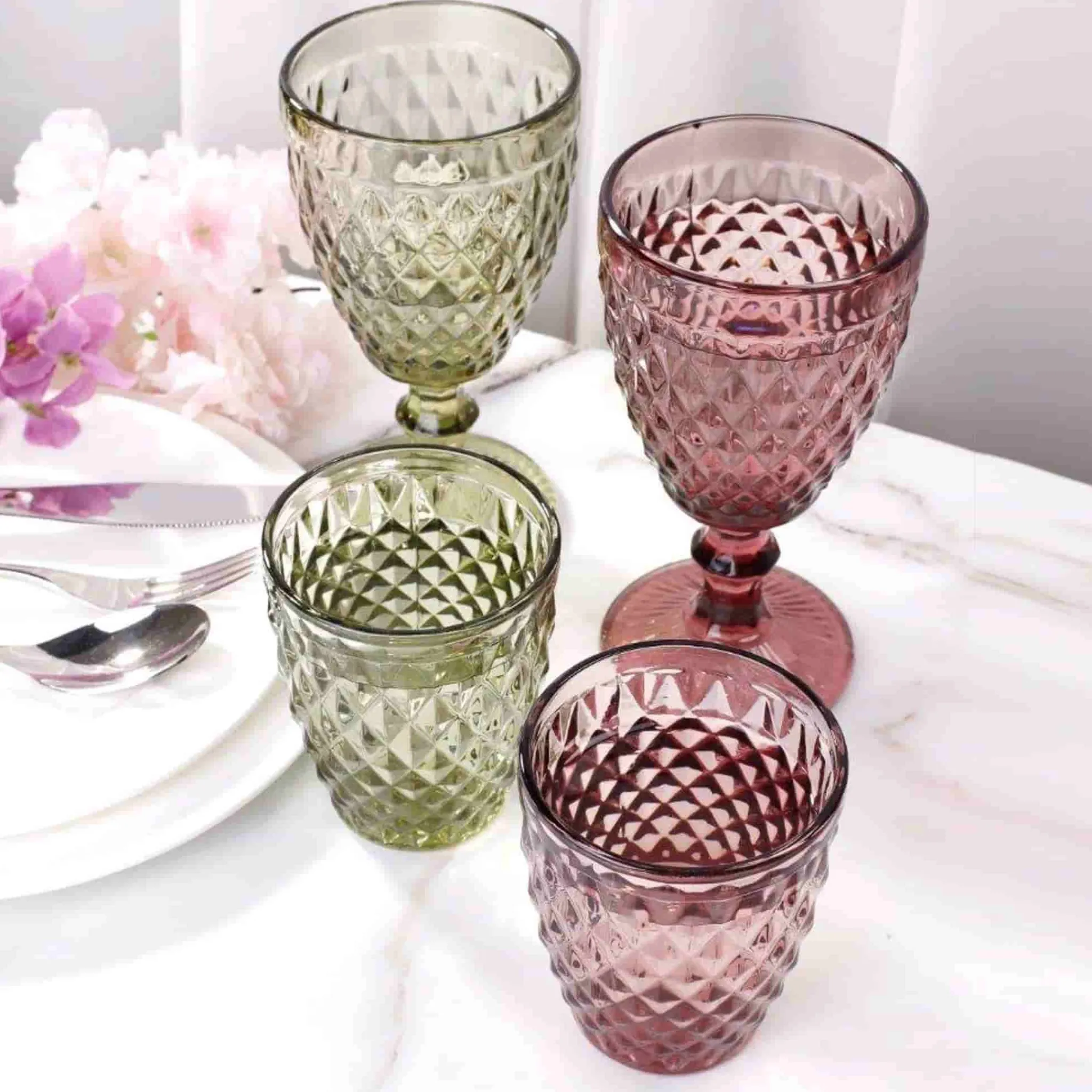 Bright Glassware Set of 6 Purple Diamond Tumblers, 270ml Hot