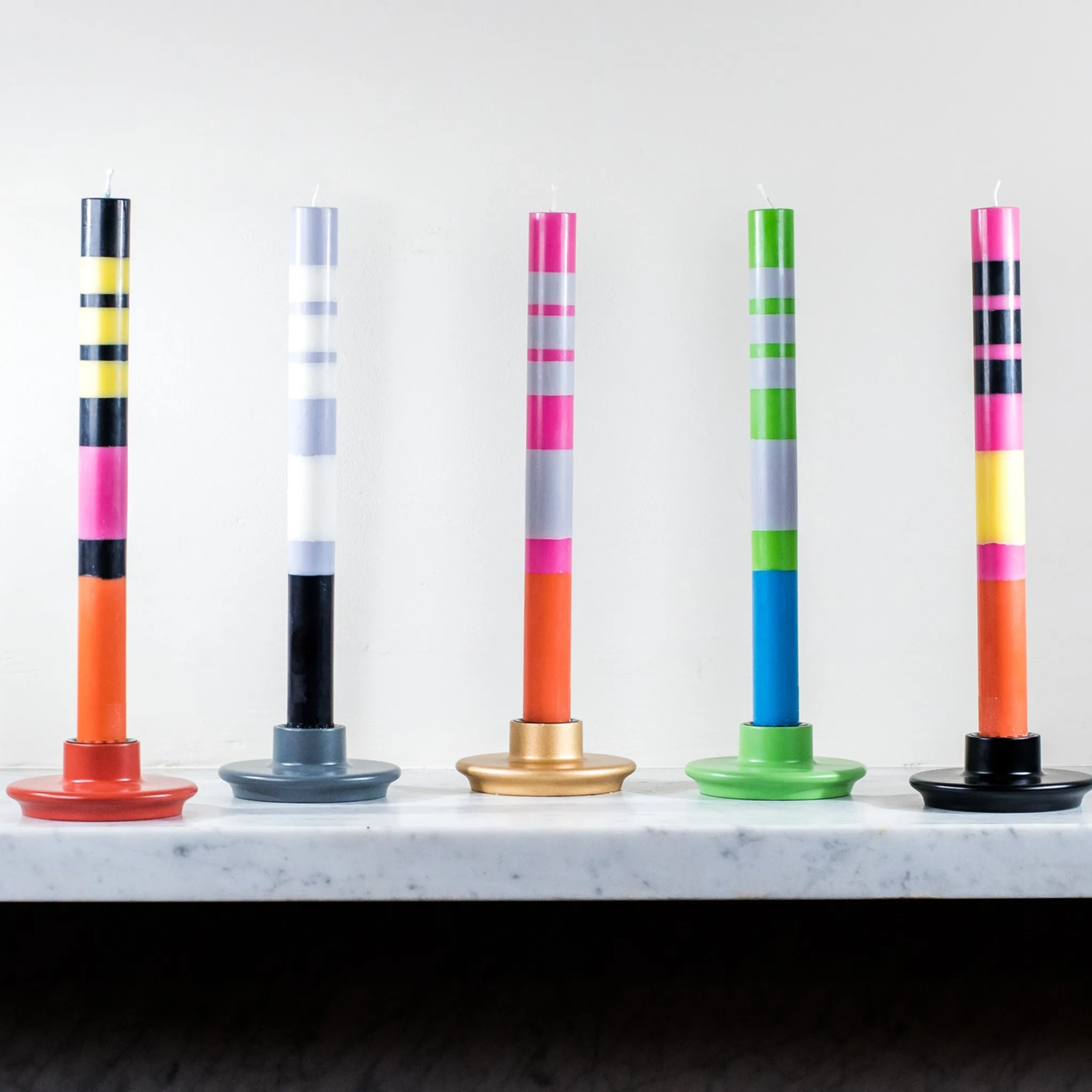 British Colour Standard Set of 6 Striped Dinner Candles - Multicolour Clearance