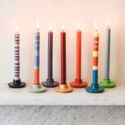 British Colour Standard Set of 6 Striped Dinner Candles - Multicolour Clearance