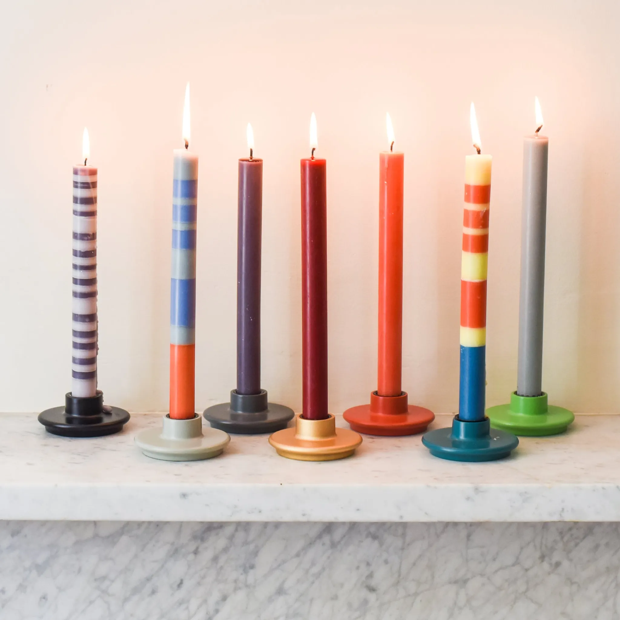 British Colour Standard Set of 6 Striped Dinner Candles - Multicolour Clearance