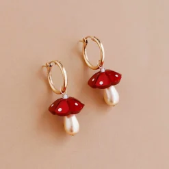 Wolf & Moon Red Mushroom Hoop Earrings New